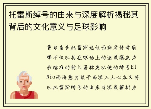托雷斯绰号的由来与深度解析揭秘其背后的文化意义与足球影响